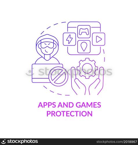 Apps and games protection purple gradient concept icon. Content to protect from piracy abstract idea thin line illustration. Preventing illegal activity. Vector isolated outline color drawing. Apps and games protection purple gradient concept icon