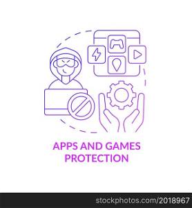 Apps and games protection purple gradient concept icon. Content to protect from piracy abstract idea thin line illustration. Preventing illegal activity. Vector isolated outline color drawing. Apps and games protection purple gradient concept icon