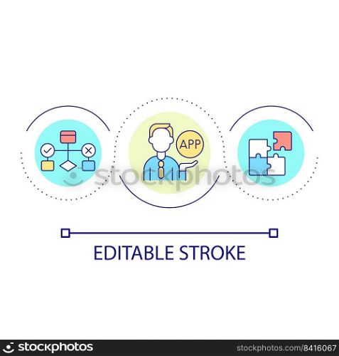 Apps development loop concept icon. Artificial intelligence for decision making. Digitization abstract idea thin line illustration. Isolated outline drawing. Editable stroke. Arial font used. Apps development loop concept icon