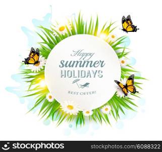 appy summer holidays banner with grass and butterflies. Vector.