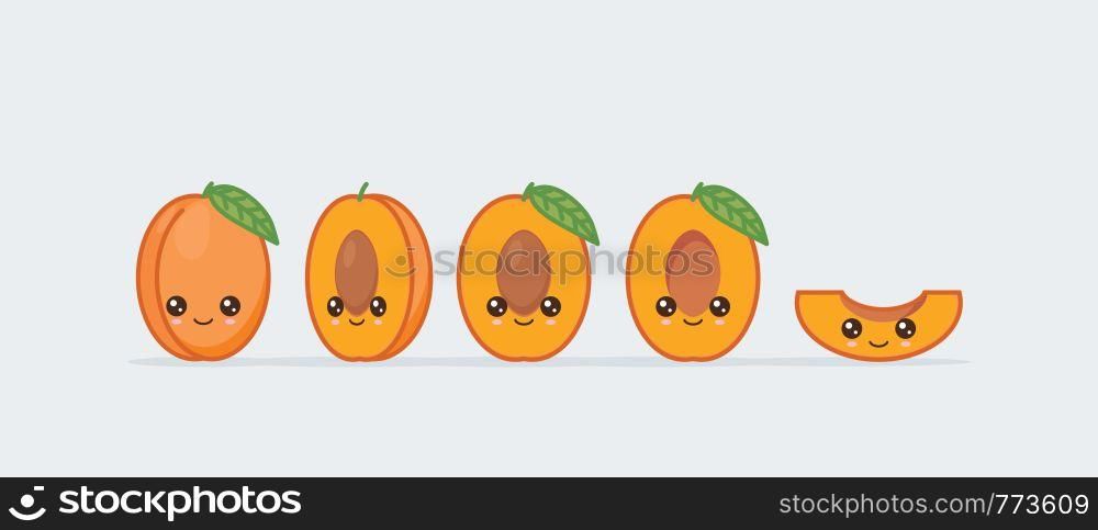 Apricot cute kawaii mascot. Set of funny kawaii drawn fruit in the cut