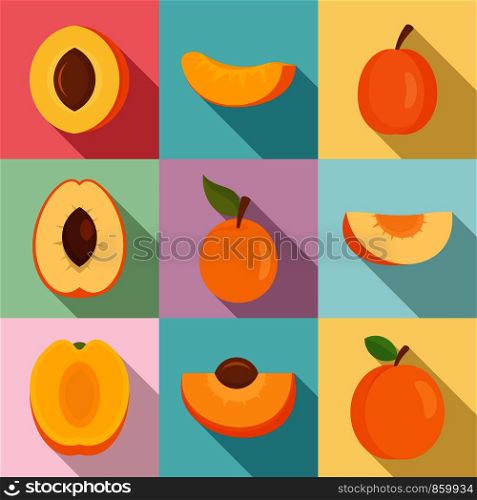 Apricot icons set. Flat set of apricot vector icons for web design. Apricot icons set, flat style