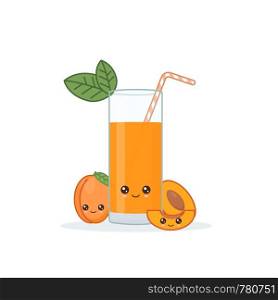 apricot juice. Cute kawai smiling cartoon juice with slices in a glass with juice straw.
