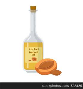 Apricot kernel oil in bottle with cork. Jar with label isolated on white background. Natural liquid extracted from fruit seeds flat vector illustration.