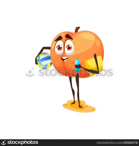 Apricot or peach summer fruit on rest isolated cartoon character emoticon with beach volleyball ball in hands, bottle of water and towel. Funny apricot on vacation rest, exotic food emoticon. Peach cartoon character with ball on vacation icon