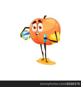 Apricot or peach summer fruit on rest isolated cartoon character emoticon with beach volleyball ball in hands, bottle of water and towel. Funny apricot on vacation rest, exotic food emoticon. Peach cartoon character with ball on vacation icon