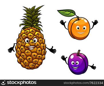 Apricot, pineapple and plum fruits in cartoon style