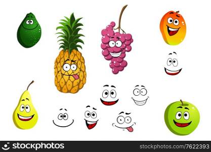 Apricot, pineapple, apple, pear, grape and lemon fruits in cartoon style isolated on white