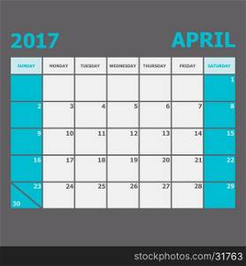 April 2017 calendar week starts on Sunday, stock vector