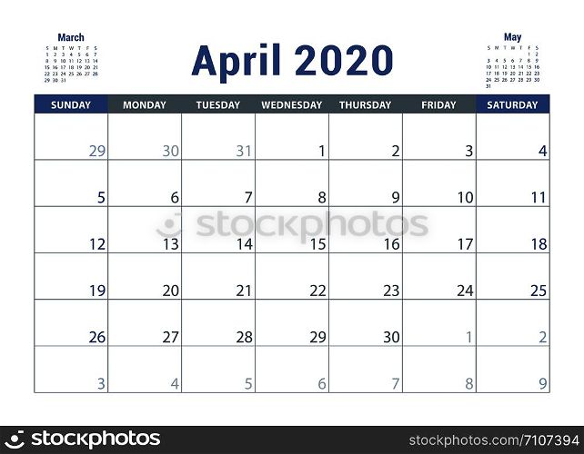April 2020 calendar. English planner. ?olor vector template. Week starts on Sunday. Business planning. New year calender. Clean minimal table. Simple design