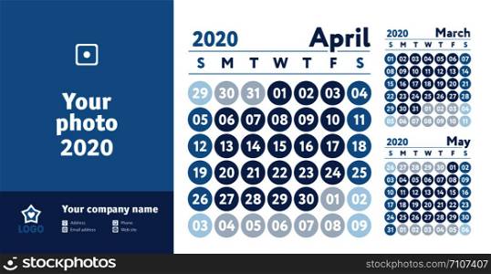 April 2020 calendar. New year planner design. English calender. Blue color vector template. Week starts on Sunday. Business planning.