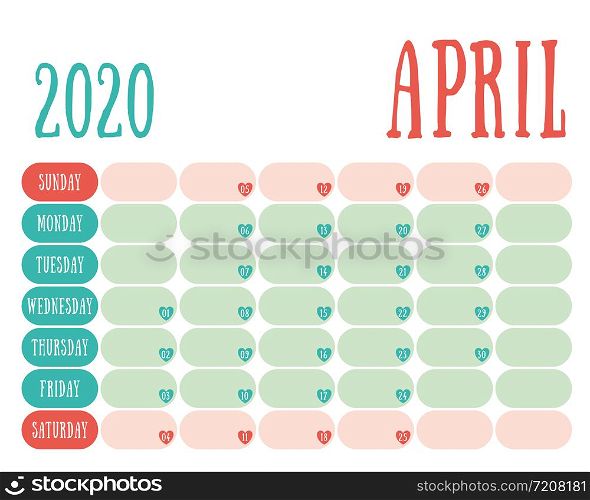 April 2020 diary. Calendar. Cute trend design. New year planner. English calender. Green and red color vector template. Notebook for notes. Week starts on Sunday. Planning. Hearts