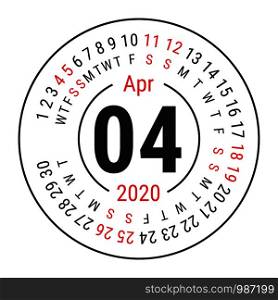 April 2020. Vector English ?alendar. Round calender. Week starts on Sunday. Design template. Circle. Fourth month