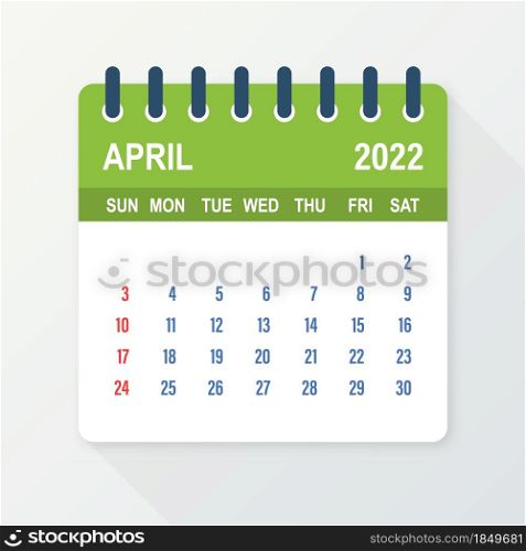 April 2022 Calendar Leaf. Calendar 2022 in flat style. Vector illustration. April 2022 Calendar Leaf. Calendar 2022 in flat style. Vector illustration.
