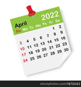 April 2022 year. Green calendar page icon. Red drawing pin. Spring season. Diary sign. Vector illustration. Stock image. EPS 10.. April 2022 year. Green calendar page icon. Red drawing pin. Spring season. Diary sign. Vector illustration. Stock image.