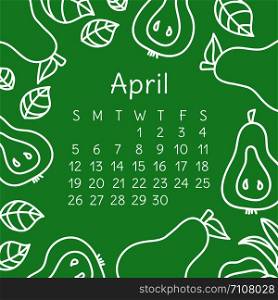 April calendar 2020. Vector English wall calender template. Pear fruit. Hand drawn design. Doodle sketch. Sunday