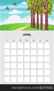 April Calendar Planner month. Minimalistic park hill landscape natural backgrounds Spring. Monthly template for diary business. Vector isolated illustration. April Calendar Planner month. Minimalistic park hill landscape natural backgrounds Spring. Monthly template for diary business. Vector isolated
