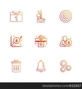 April , calender , dart , target , gear , setting, bell, dust bin, trash , graph , corporate , money,icon, vector, design, flat, collection, style, creative, icons