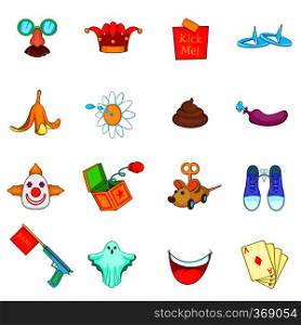 April fools day icons set in cartoon style. Prank playful actions set collection vector illustration. April fools day icons set, cartoon style