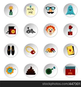 April fools day icons set in flat style. Prank playful actions set collection vector icons set illustration. April fools day icons set, flat style
