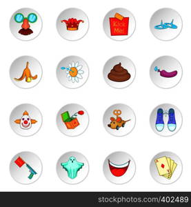 April fools day icons set in white circle isolated on white background. Cartoon vector illustration. April fools day icons set