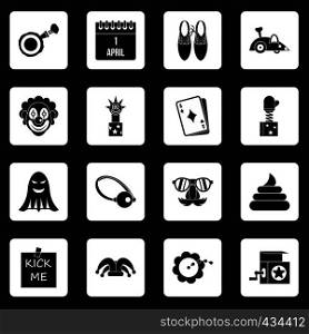 April fools day icons set in white squares on black background simple style vector illustration. April fools day icons set squares vector