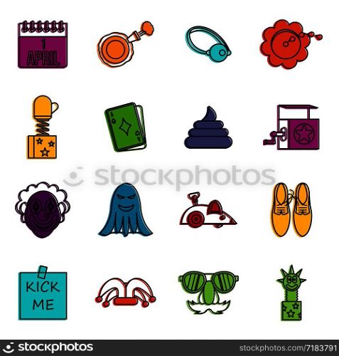 April fools dayicons set. Doodle illustration of vector icons isolated on white background for any web design. April fools dayicons doodle set