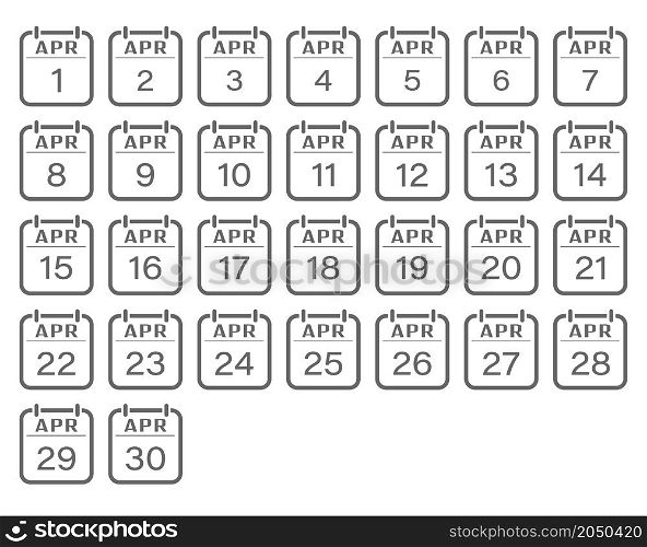 April is a month with numbers. A set of calendar sheets for a website, applications, scrapbooking and creative design. An empty contour. Flat design.