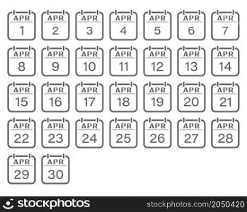 April is a month with numbers. A set of calendar sheets for a website, applications, scrapbooking and creative design. An empty contour. Flat design.
