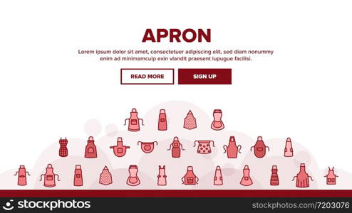 Apron Kitchen Cloth Landing Web Page Header Banner Template Vector. Kitchen Apron Protective Garment Different Style, Chef Uniform, Housewife Domestic Clothing Illustrations. Apron Kitchen Cloth Landing Header Vector
