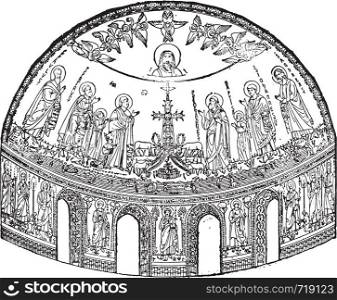 Apse of the basilica of St. John Lateran in Rome, executed in mosaic Jacopo Torriti the thirteenth century, vintage engraved illustration. Industrial encyclopedia E.-O. Lami - 1875.