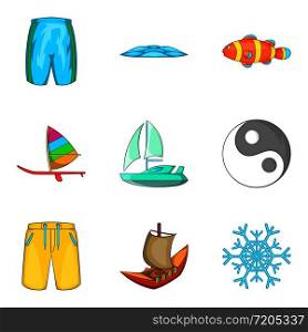 Aqua aerobics icons set. Cartoon set of 9 aqua aerobics vector icons for web isolated on white background. Aqua aerobics icons set, cartoon style