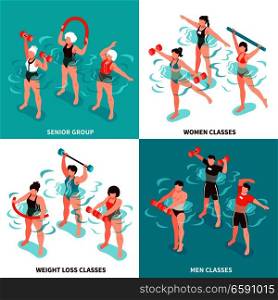 Aqua aerobics men and women classes senior group for persons losing weight isometric concept isolated vector illustration. Aqua Aerobics Isometric Concept