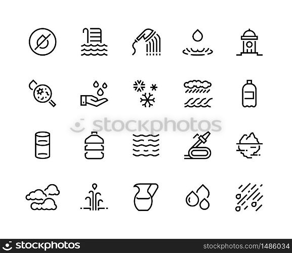 Aqua line icons. Water and liquids in containers such as glass bottle can, rain iceberg sea and geyser water sources. Vector editable strokes liquid symbol. Aqua line icons. Water and liquids in containers such as glass bottle can, rain iceberg sea and geyser water sources. Vector editable strokes