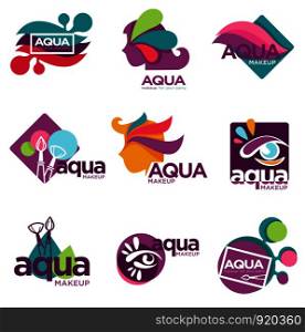 Aqua makeup cosmetics brand for women to use logos set vector isolated icons of brushes and applicators for skin and look care face product for beautification of females cosmetology industry.. Aqua makeup cosmetics brand for women to use