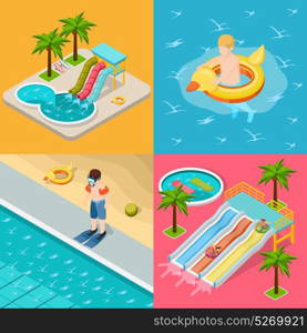 Aqua Park Composition Isometric Icon Set. Four square aqua park composition isometric icon set with different situation at the pool on holidays vector illustration