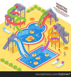 Aqua Park Illustration. Aqua park and swimming with people and chaise lounges isometric vector illustration