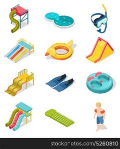 Aqua Park Isometric Icon Set. Colored and isolated aqua park isometric icon set with elements of place of entertainment vector illustration
