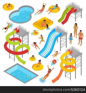 Aqua Park Isometric Icons Set. Aqua park isometric icons set with people in swimsuits resting swimming sunbathing and waterpark construction isolated vector illustration
