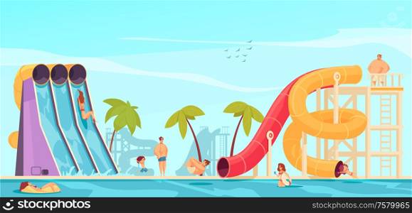 Aqua park leisure center attractions two color tube and tall fast steep water slides flat funny vector illustration