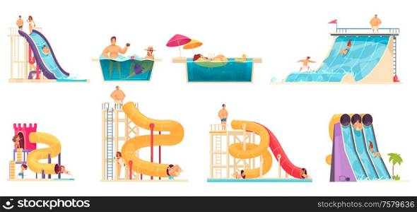 Aqua park visitors enjoying attractions 8 comics cartoon compositions with water slides family jacuzzi bath vector illustration
