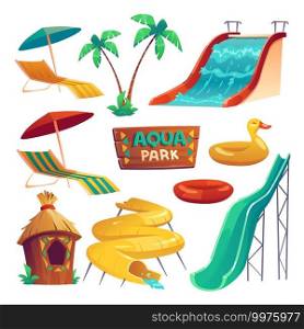 Aqua park with water slides, inflatable rings, umbrellas and lounger. Vector cartoon set of resort aquapark on sea beach or swimming pool with spiral pipe and waterslides isolated on white background. Aqua park with water slides and inflatable rings