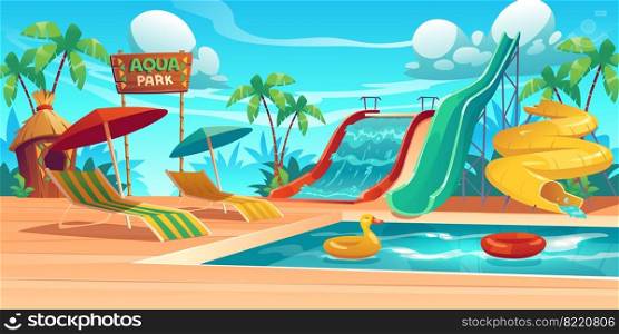 Aqua park with water slides, swimming pool, loungers and umbrellas. Vector cartoon tropical landscape with resort aquapark with colorful spiral pipe waterslides and inflatable rings. Aqua park with swimming pool and water slides