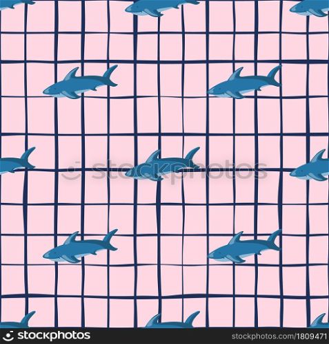 Aqua seamless pattern with blue sharks silhouettes. Pink chequered background. Geometric style zoo backdrop. Designed for fabric design, textile print, wrapping, cover. Vector illustration.. Aqua seamless pattern with blue sharks silhouettes. Pink chequered background. Geometric style zoo backdrop.