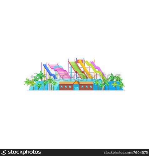 Aquapark building isolated slides. Vector amusement water park and palm trees. Water park exterior isolated aquapark slides, palms