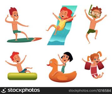 Aquapark characters. Activities in water pool sea jumping and swimming happy childrens vector cartoon collection. Illustration of aqua pool park, happy child. Aquapark characters. Activities in water pool sea jumping and swimming happy childrens vector cartoon collection