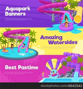 Aquapark Horizontal Banners. Aquapark horizontal banners with different water slides hills tubes and pools in colorful style vector illustration