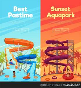 Aquapark Vertical Banners. Aquapark vertical banners with water pipes pool and children in the day and sunset time vector illustration
