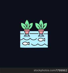 Aquaponics RGB color icon for dark theme. Aquaculture plus hydroponics. Greenhouse plantation. Isolated vector illustration on night mode background. Simple filled line drawing on black. Aquaponics RGB color icon for dark theme