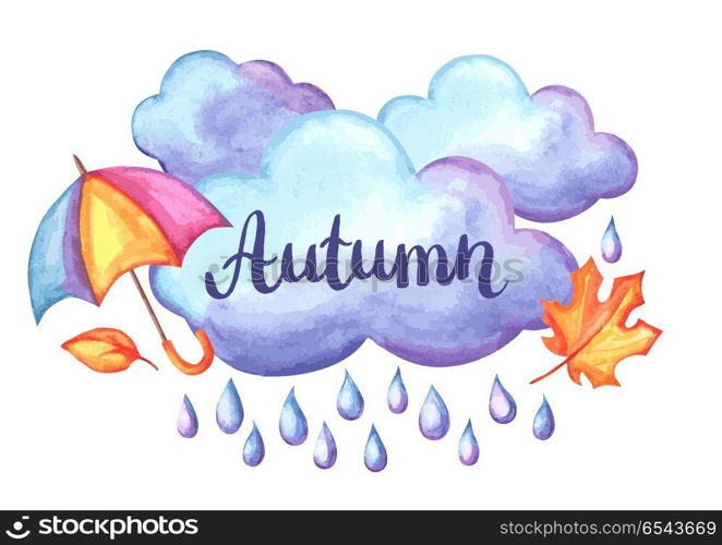 Aquarelle background with autumn elements.. Set of aquarelle umbrella, clouds and rain. Watercolor decorative autumn elements.